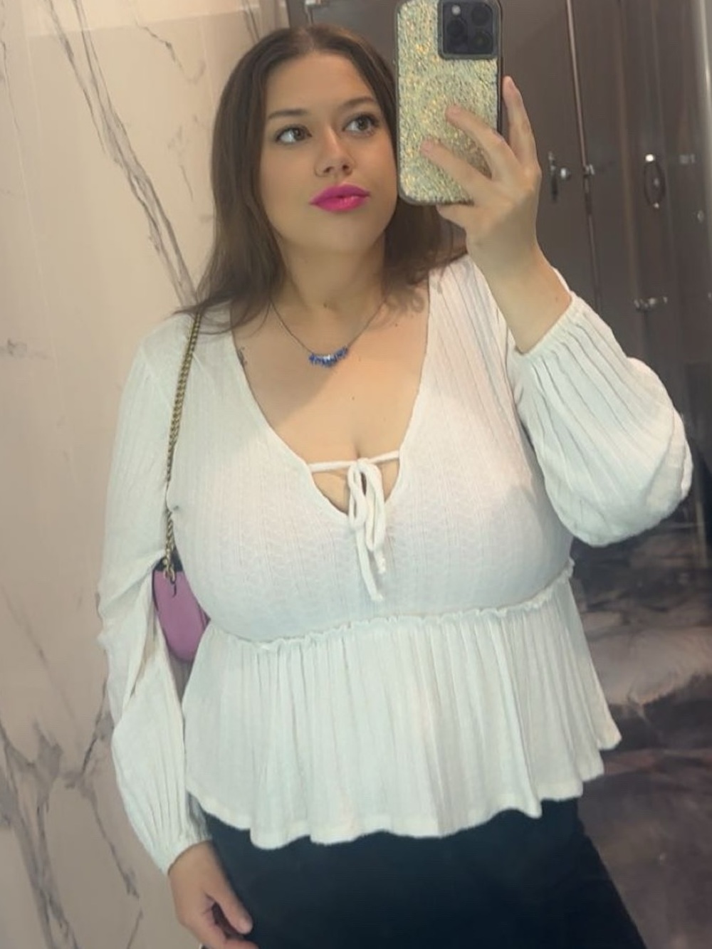 Altar’d State Large White Knit Long Sleeve Tie Ruffle Hem Babydoll Blouse